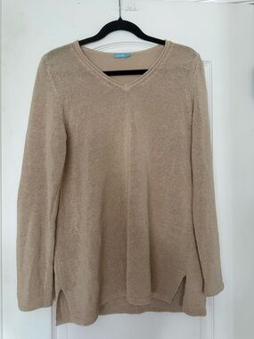 J. McLaughlin Beige V Neck Cotton Knit Sweater Beachy Summer